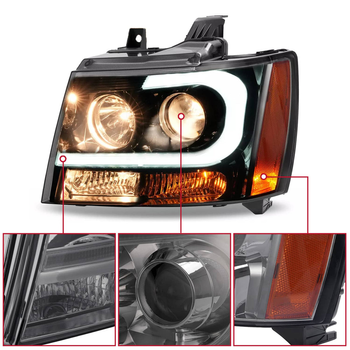 Solid Spare Headlights For Avalanche/Suburban/Tahoe 2007-2014 LED Bar LH+RH Projector