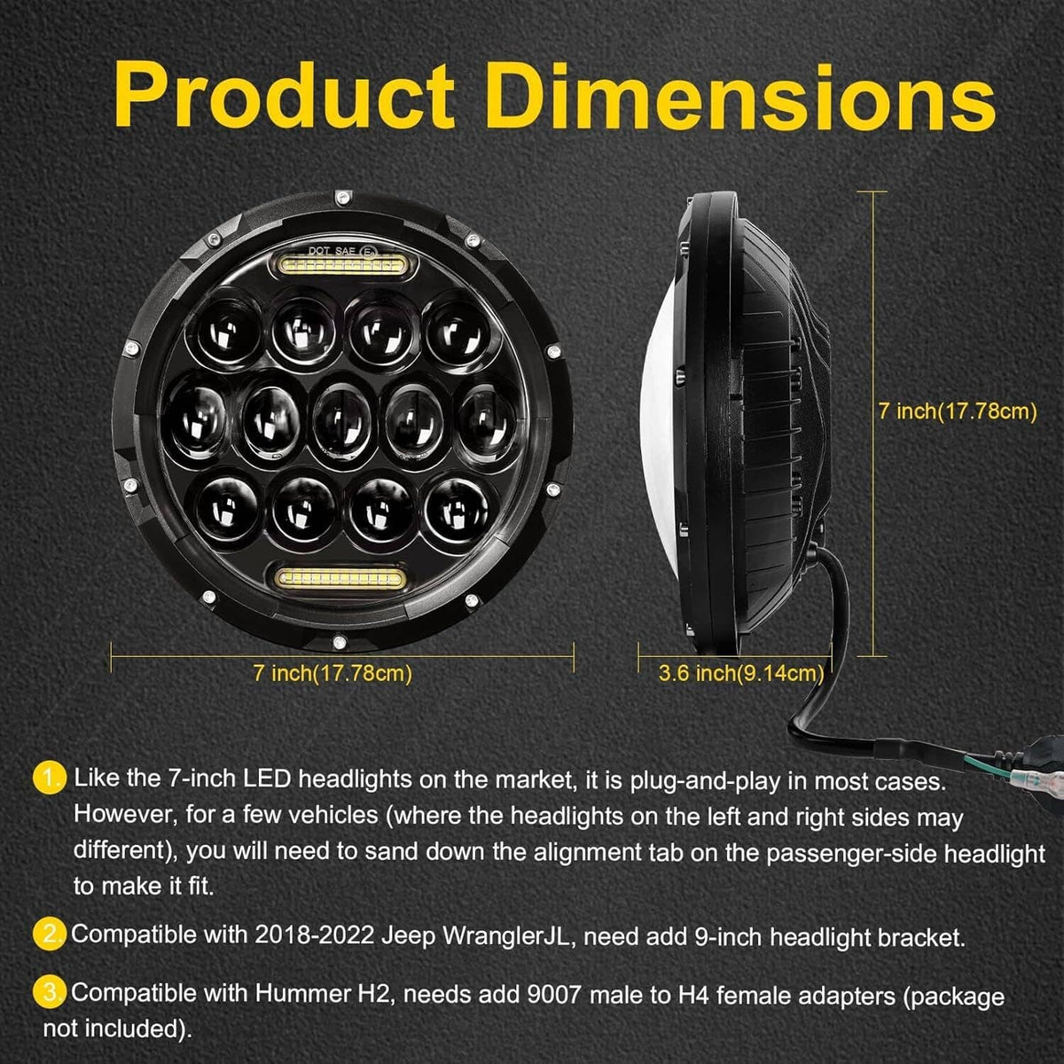 Solidspare Pair 7" Inch Round LED Headlights Halo Angle Eyes For Jeep Wrangler JK LJ TJ CJ