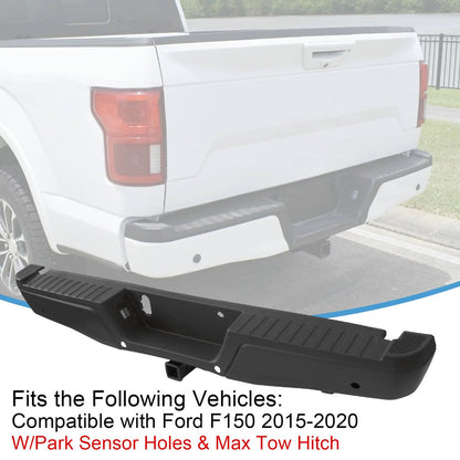 Solidspare Black Rear Bumper Assembly w/ Max Tow Hitch w/ Sensor Holes For 15-20 Ford F-150