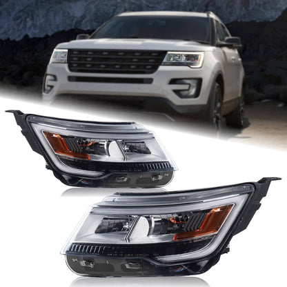 Solidspare Pair Headlights Assembly LH+RH For 2016-2019 Ford Explorer Chrome w/ LED DRL
