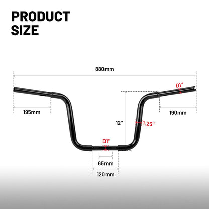 Solidspare Black 12" Rise Ape Hangers Handlebar Fit For Harley FLST FXST Sportster XL Dyna