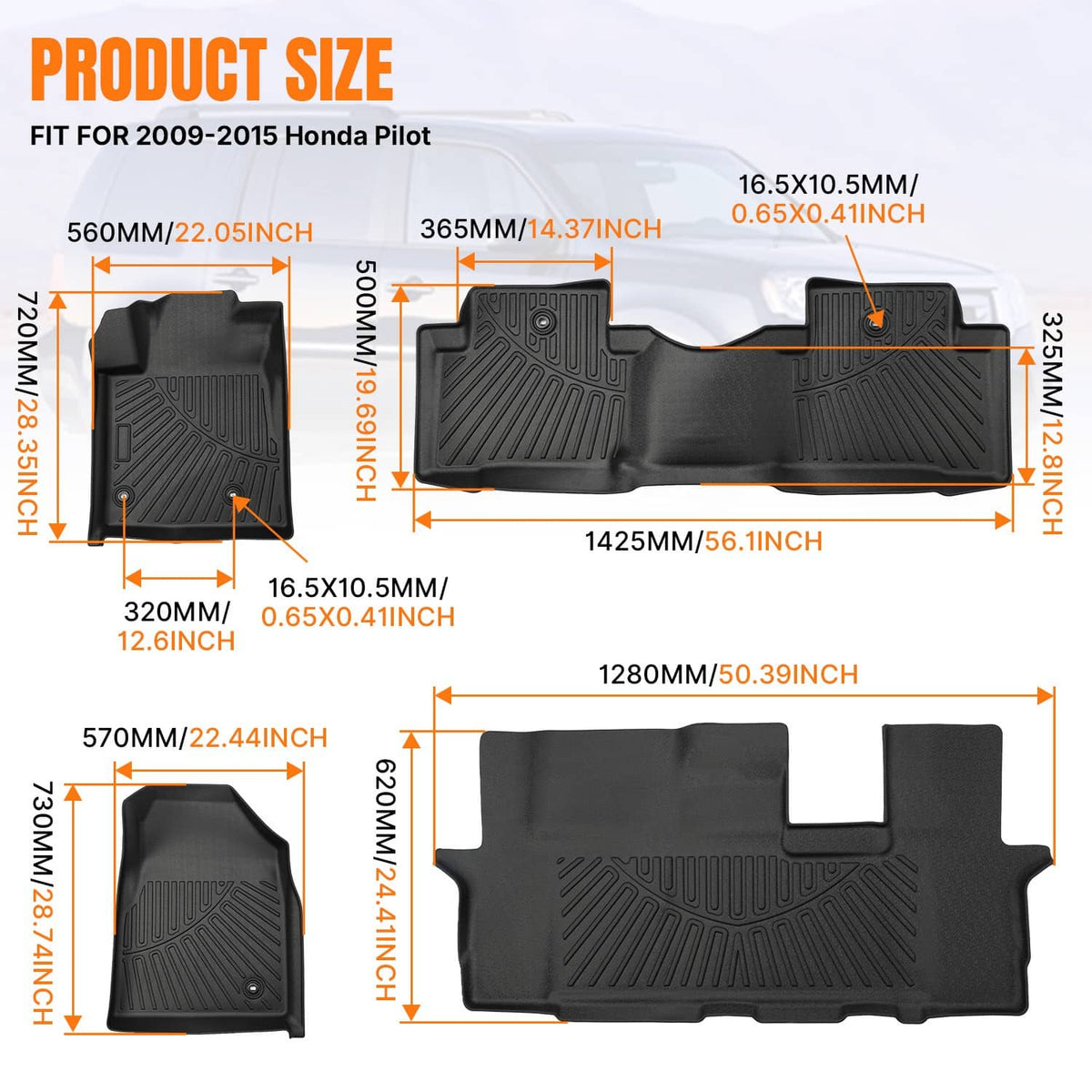 Solidspare Front & Rear Floor Mats Liners TPE For 2009-2015 Honda Pilot 4-Door All Weather