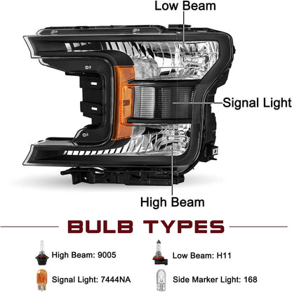 Solidspare Headlights For 2018-2020 Ford F150 Halogen Headlamps Black Clear  Right+Left