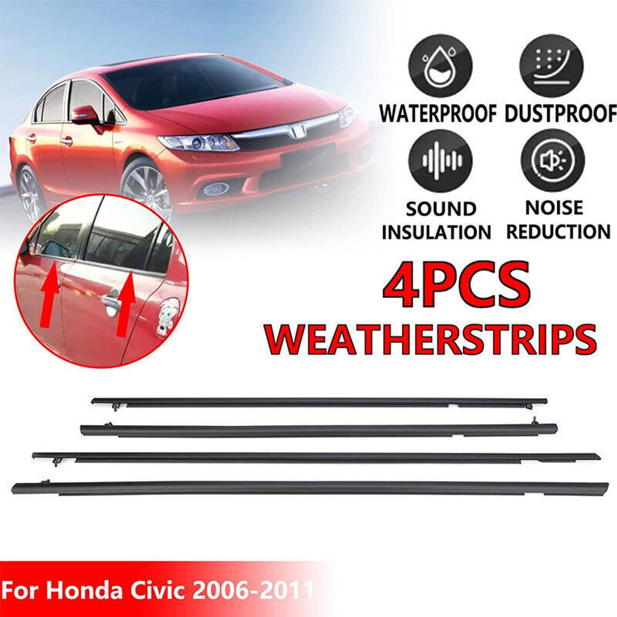 Solidspare 4Pcs Car Window Moulding Trim Weatherstrips Seal Fit For Honda Civic Sedan 06-11