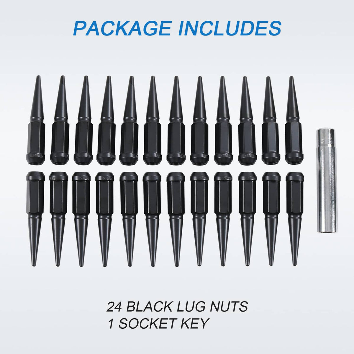 Solidspare 24PCS Spike Lug Nuts 14x1.5 Black For Chevy Silverado Tahoe 4.4" Tall with Key