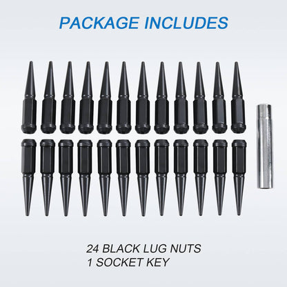 Solidspare 24PCS Spike Lug Nuts 14x1.5 Black For Chevy Silverado Tahoe 4.4" Tall with Key