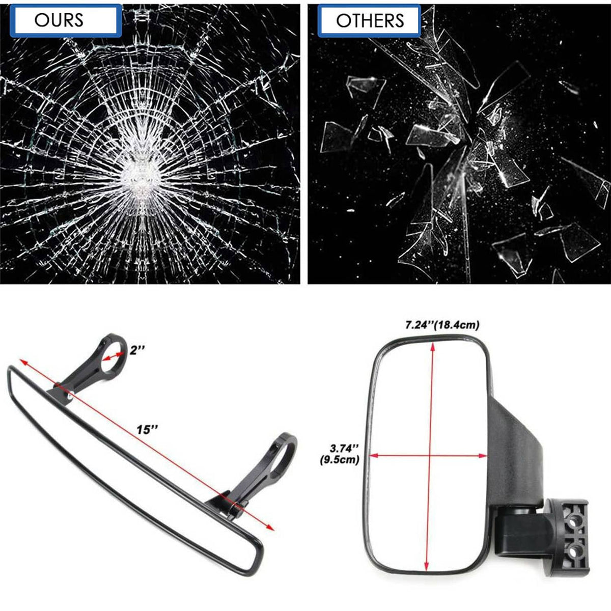 Solidspare UTV Rear-View Center Side Mirrors Sets 2" For Polaris RZR 900 800 XP1000 Yamaha