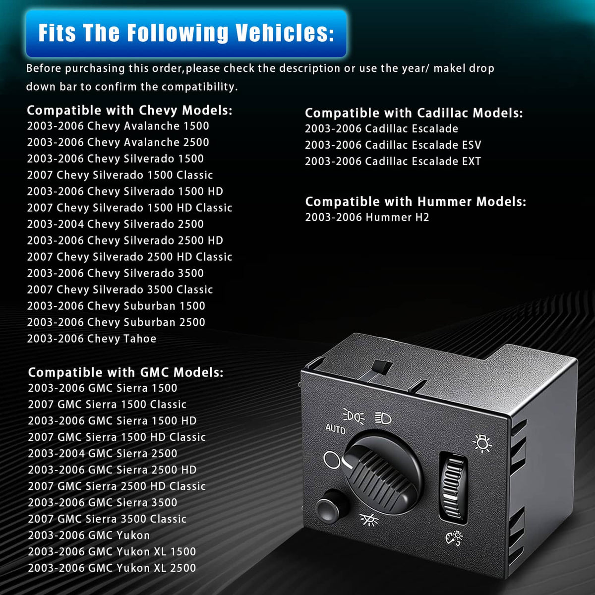 Solidspare LED Headlight Switch For 2003-2006 Chevy Silverado Suburban Tahoe Sierra Black