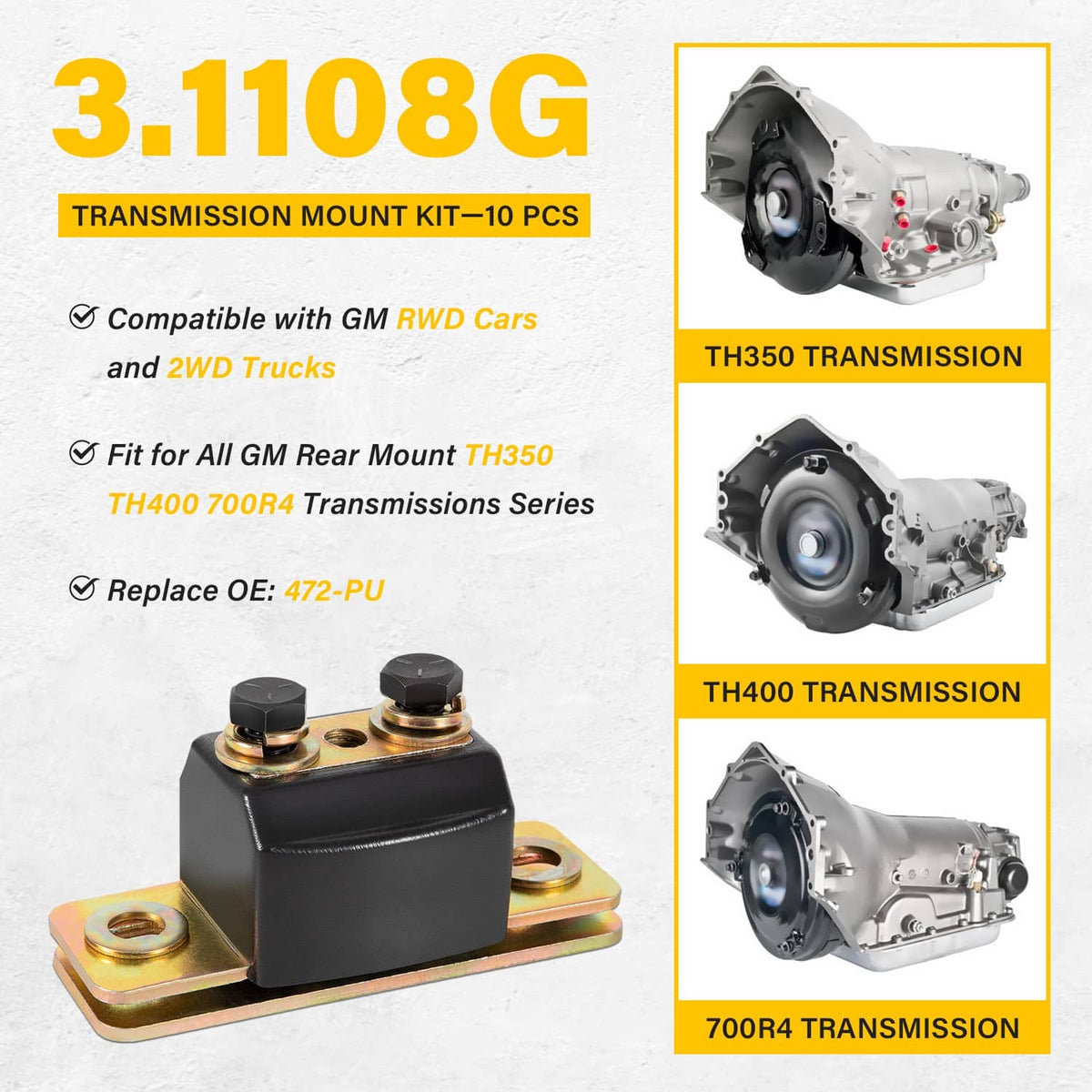 Solidspare 3.1108G Transmission Mount Kit fits GM RWD Cars and 2WD Trucks TH350 TH400 700R4