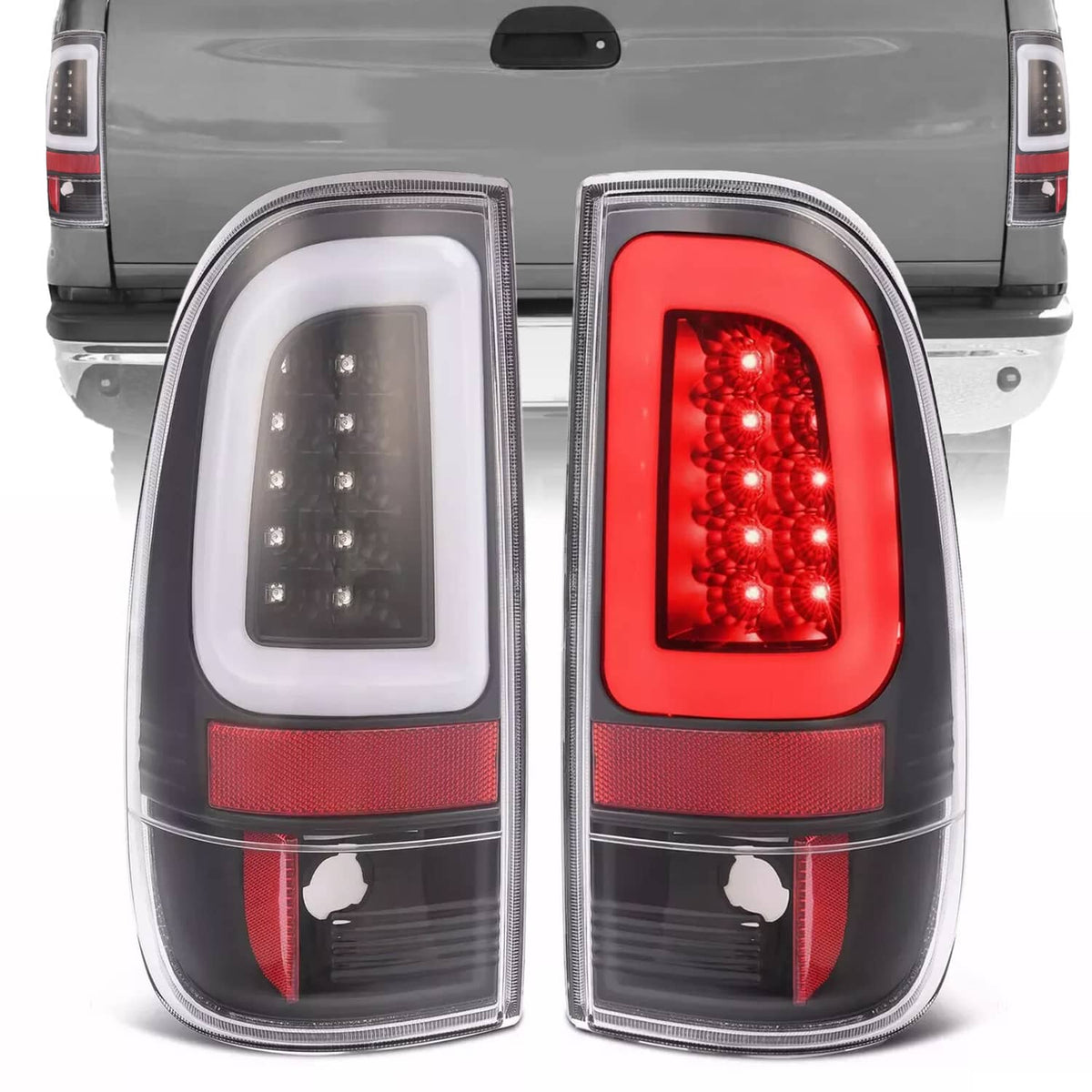 Solid Spare Black For 1997-2003 Ford F150 99-07 F250 F350 SD LED Tube Tail Lights Brake Lamp