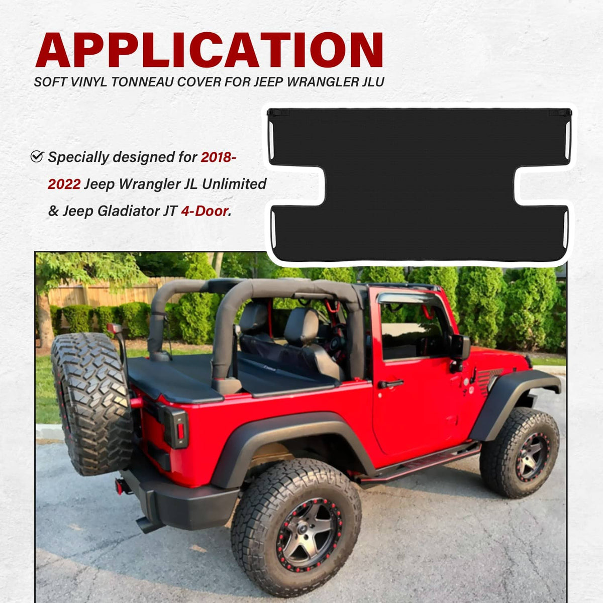 Solidspare Soft Vinyl Tonneau Cover 4-Door Rear Trunk Sunshade Fits Jeep Wrangler JLU 2018+