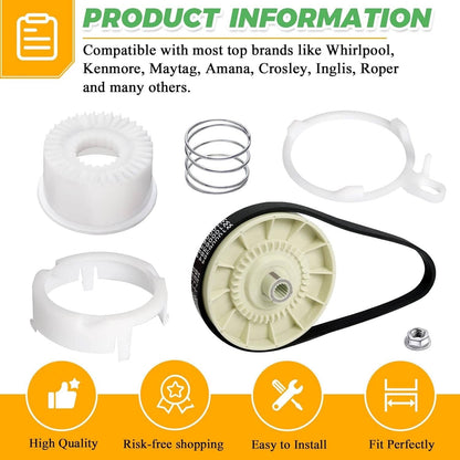 Solid Spare Washer Pulley Clutch Kit & Drive Belt for Whirlpool Kenmore Maytag