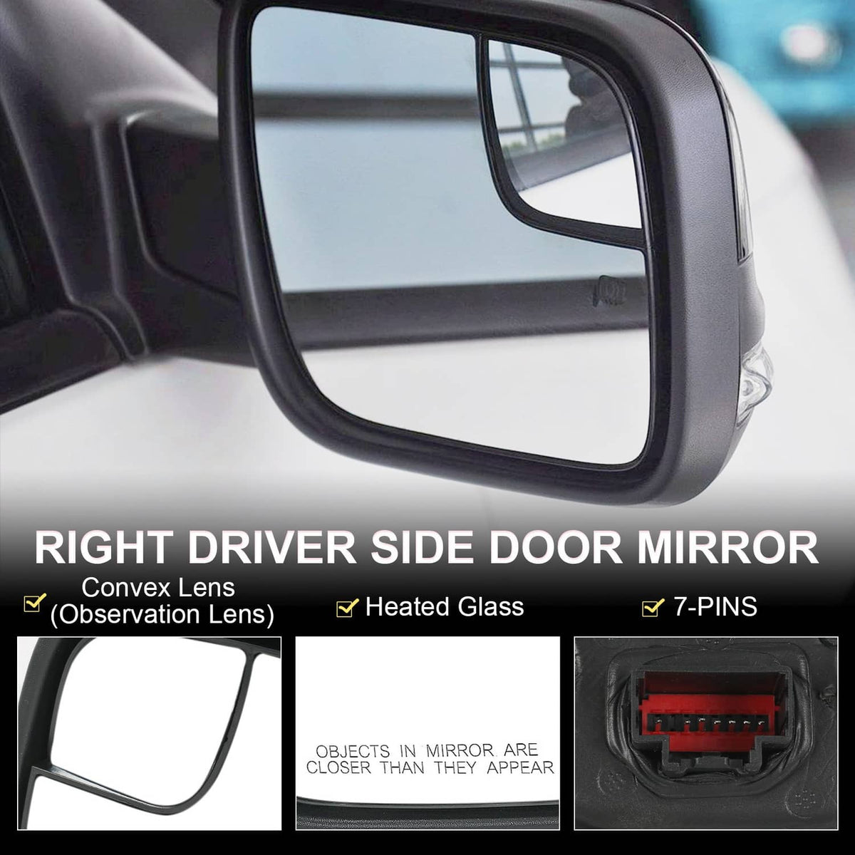 Solidspare Door Mirror Right Passenger Side For Ford Explorer 2012-2019FO1321554 Black 7Pin
