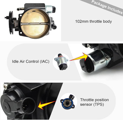 Solidspare 102mm 4 Bolt Throttle Body + Throttle Cable + TPS IAC For GM Gen III LS1 LS2 LS6