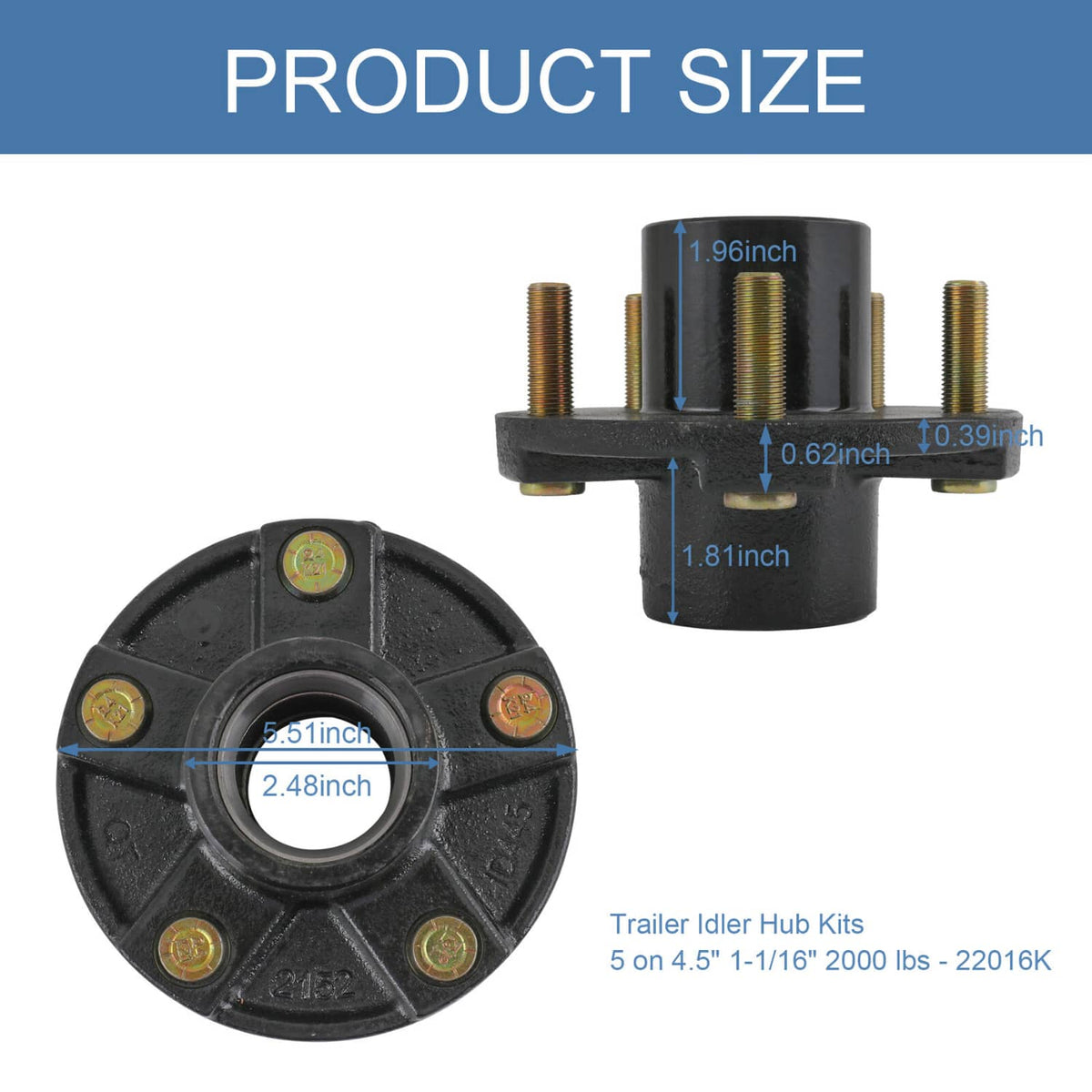 Solidspare 2 × Trailer Idler Hub Kits 5 on 4.5" 5 Lugs For 2000 lbs Axle 1-1/16" bearings