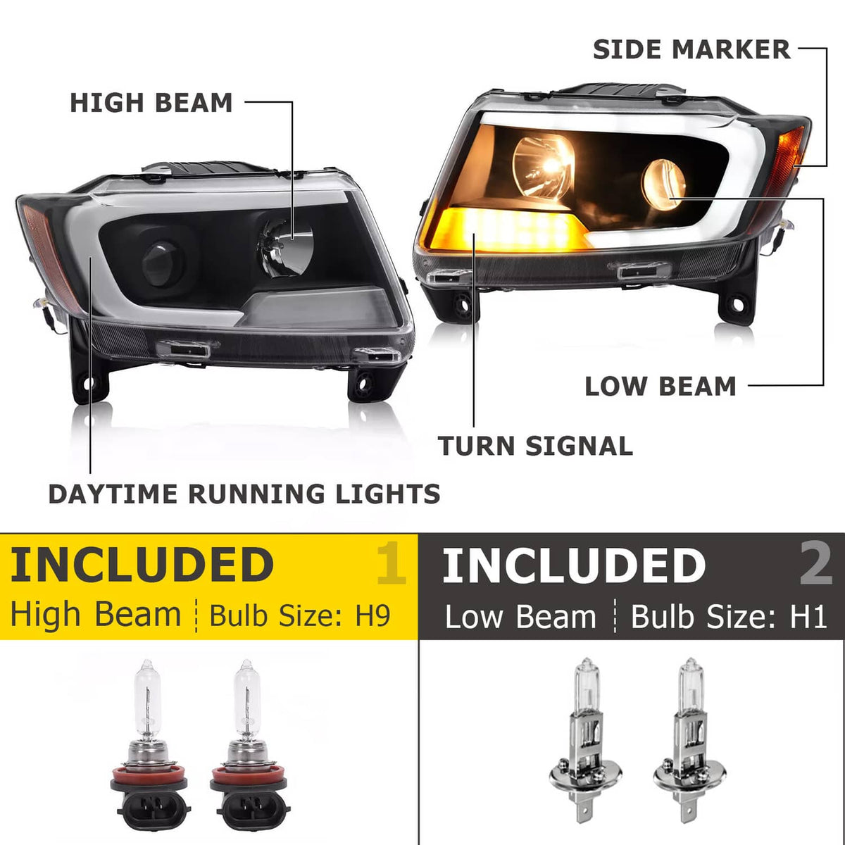 Solid Spare For Jeep Grand Cherokee 2011 2012 2013 LED DRL Projector Headlights Black Pair