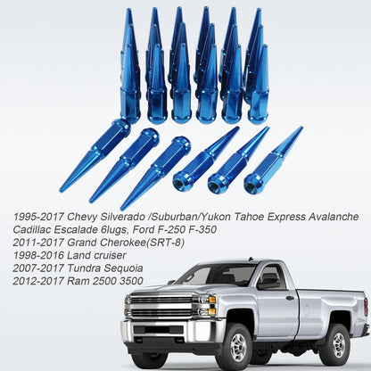 Solidspare 24PCS M14x1.5 Spike Lug Nuts 4.5 Tall Blue For 6 Lug GMC Chevy Ford With Key