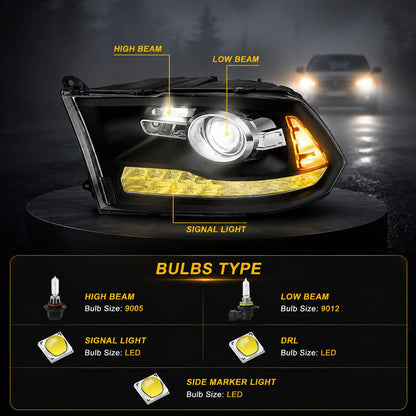 Solidspare For 2009-2018 Dodge Ram 1500 2500 3500 Black Projector Headlights with LED DRL