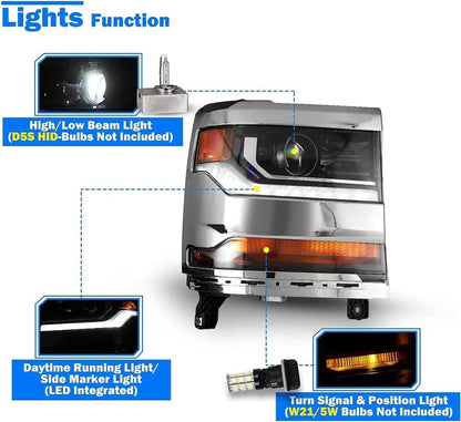 Solidspare Pair Chrome Headlights For 2016-2018 Chevy Silverado 1500 HID/Xenon Headlamps