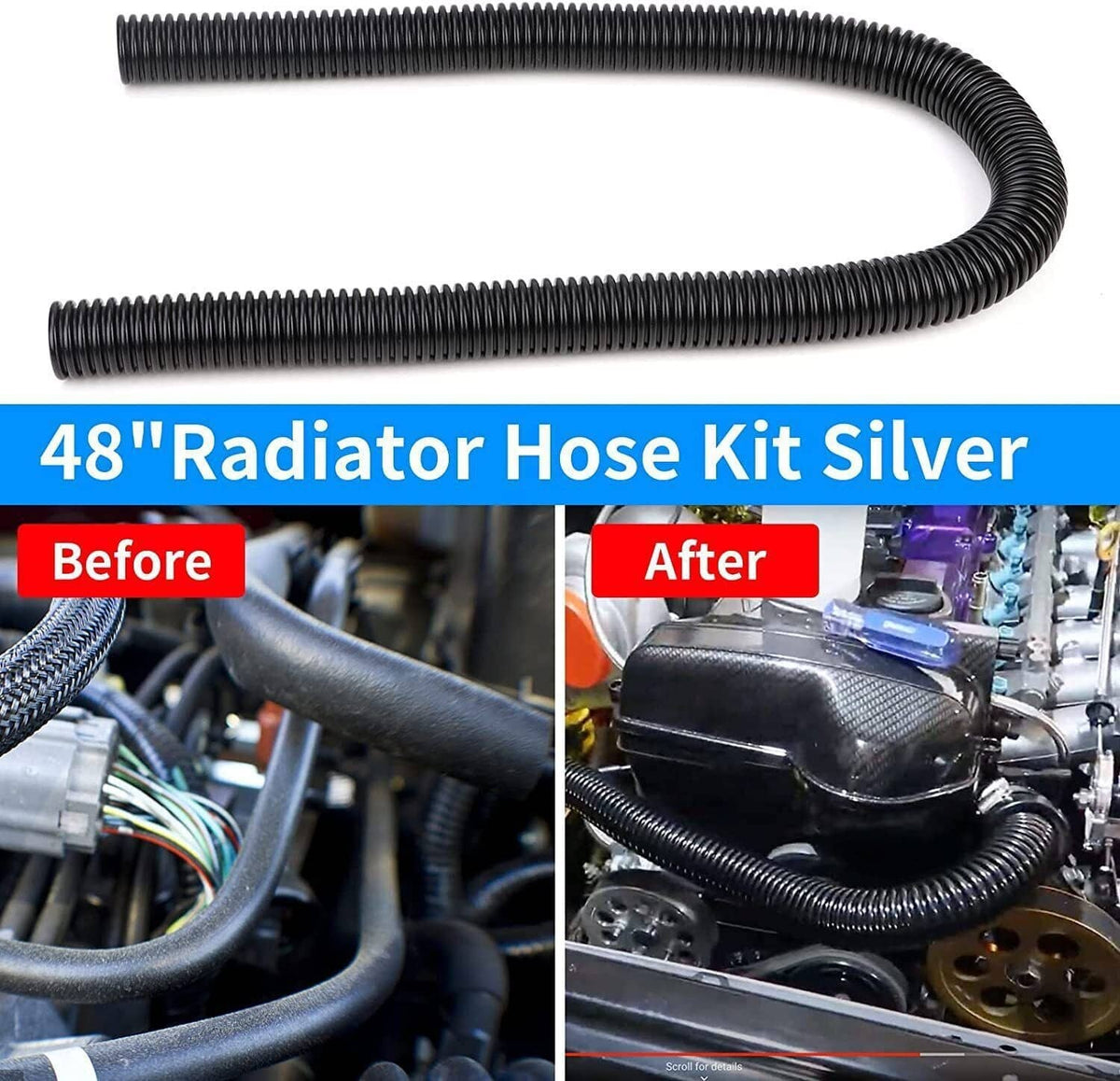 Solidspare 48" Stainless Steel Radiator Flexible Coolant Water Hose w/ Caps Kit Universal