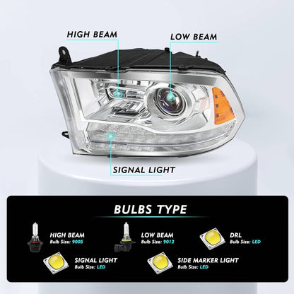 Solidspare For 2009-2018 Dodge Ram 1500 2500 3500 Pickup w/LED Projector Chrome Headlights