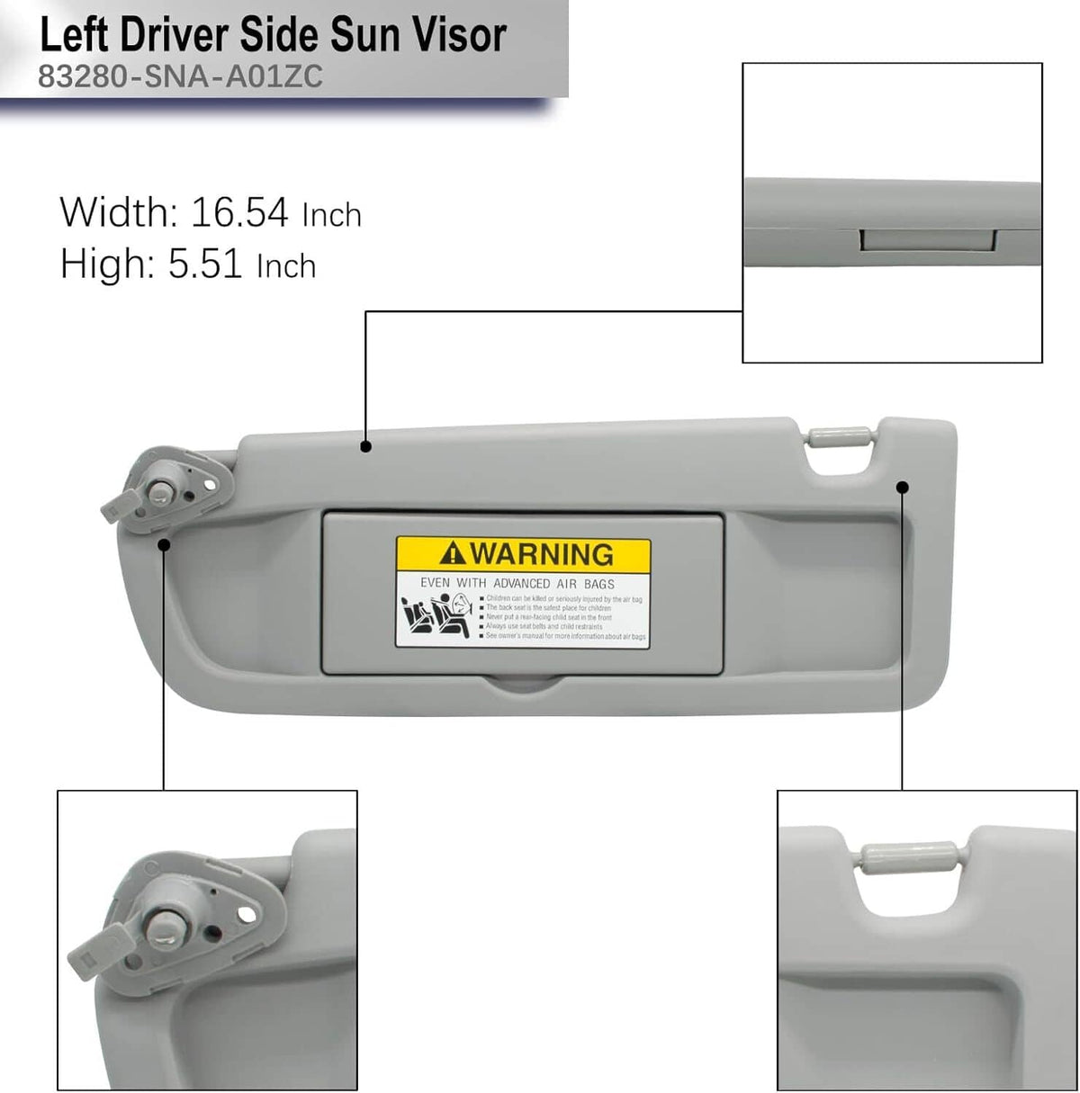 Solidspare Left Driver Side Sun Visor for Honda Civic 2006-2011 Light Gray 83280-SNA-A01ZC