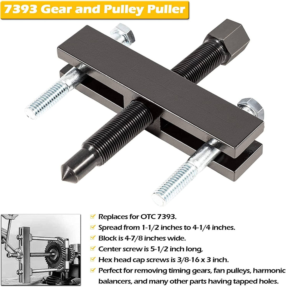 Solid Spare 7393 Gear and Pulley Puller Replace for OTC 7393 with 5-1/2" Long Forcing Screw