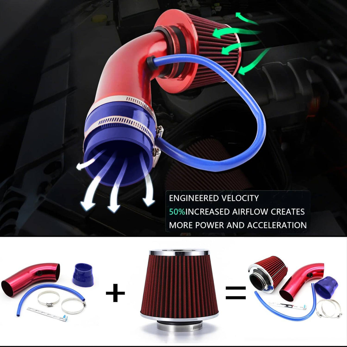 Solidspare 3" Cold Air Intake Filter Induction Kit Aluminum Pipe Power Flow Hose System