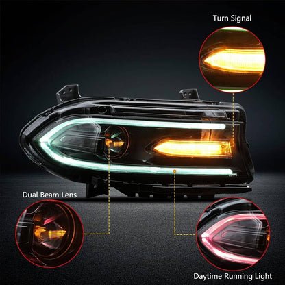 Solidspare Pair For 2015-2021 Dodge Charger LED Projector Headlights RGB Color Change Lamps