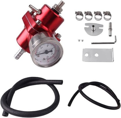 Solidspare Universal Red Adjustable Fuel Pressure Regulator + Gauge+ Fitting Kit Aluminum