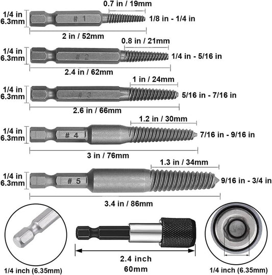 Solid Spare 6Pcs Stud Screw Extractor Remover 1/4 Inch Hex Shank Damaged Bolt Easy Out Tool