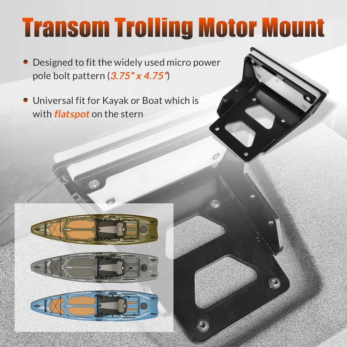 Solidspare Transom Trolling Motor Mount for Kayaks - 3.75" x 4.75" Bolt Pattern - 6mm Thick