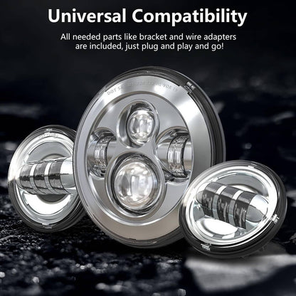 Solidspare 7 Inch 140W LED Headlight Hi/Lo + 2Pcs 4.5Inch 80W Fog Light for Harley Davidson