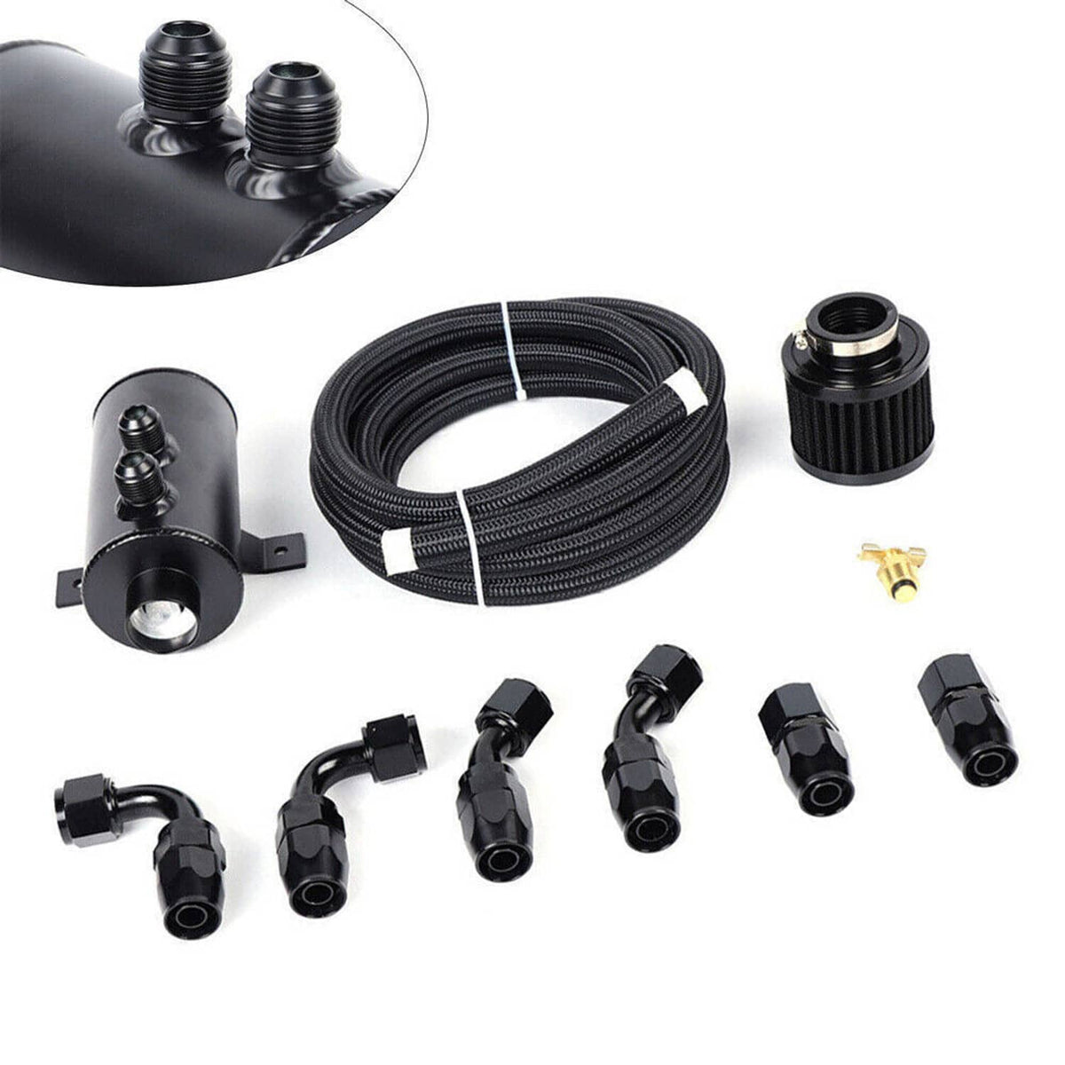 Solidspare Oil Catch Can Reservoir Tank 10AN 2 Port Dual Breather Filter Baffled+ 10FT Hose
