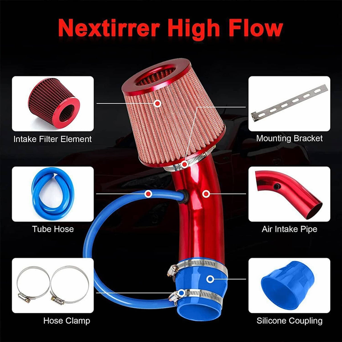 Solidspare 3"/76mm Car Cold Air Intake Filter Induction Kit Pipe Power Flow Hose System New
