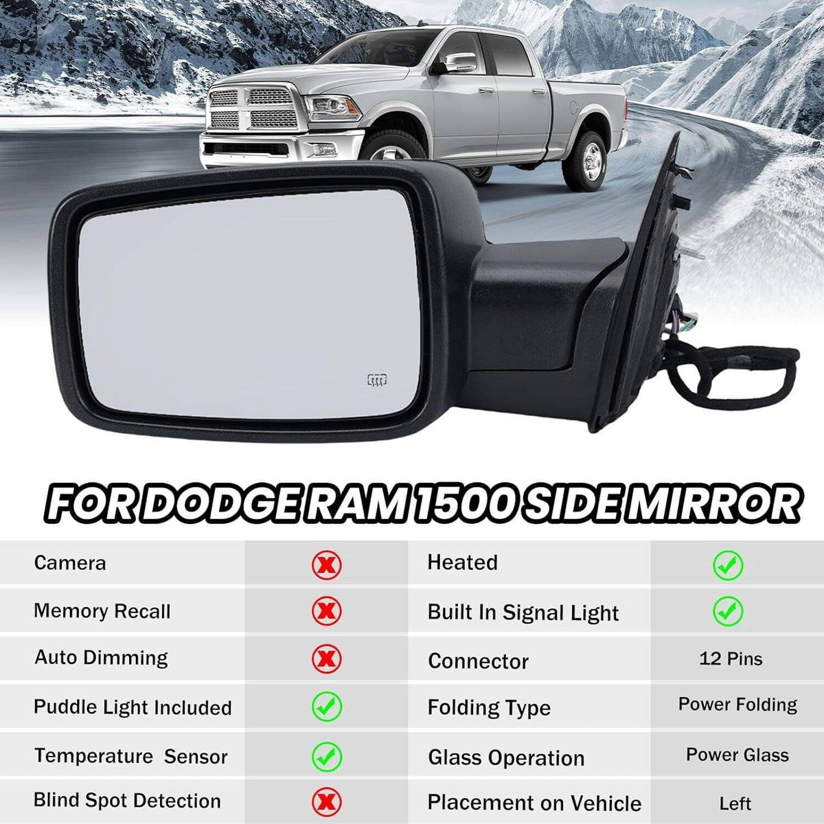 Solidspare Driver/Left Side Mirror Sliver Cover Power Folding Signal For 2013-2018 Ram 1500