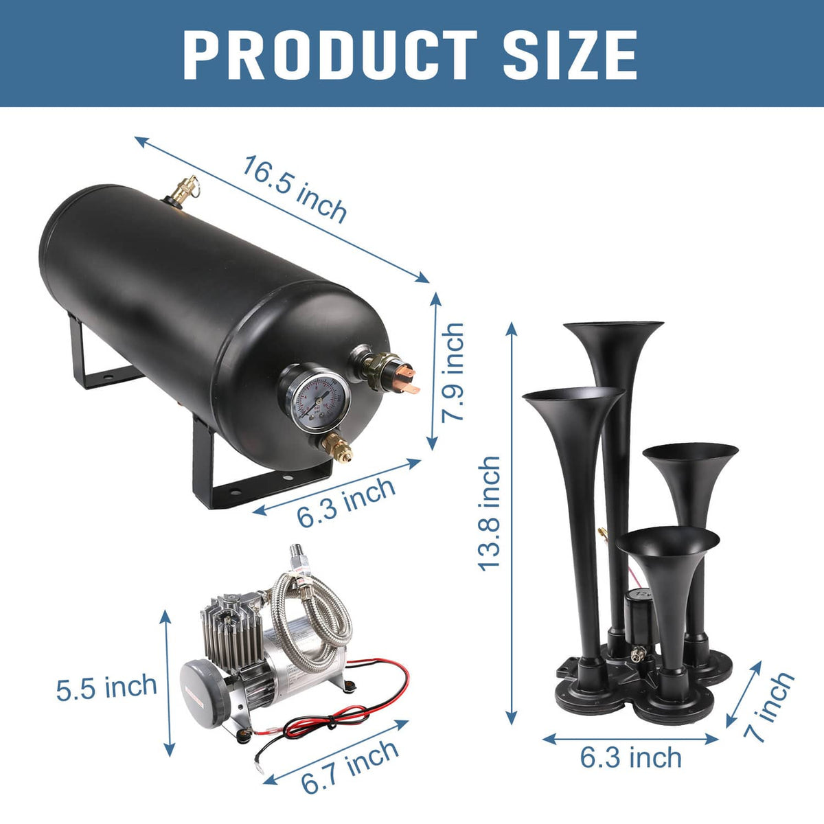 Solidspare Train Horn Kit 4 Trumpets Semi Loud System 1.5G Air Tank 150PSI FITS Truck Car