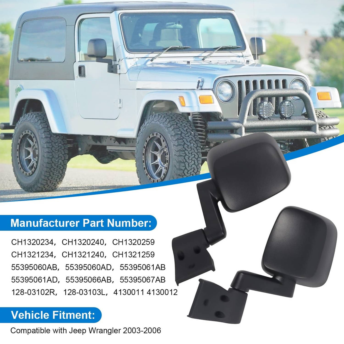 Solidspare 2PCS Manual Folding Side View Mirrors Fit Jeep Wrangler TJ 2003‑2006 55395061AD