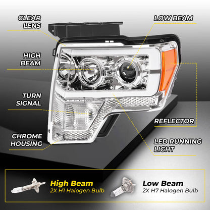 Solid Spare Projector Headlight Assembly Fit Ford F150 F-150 2009-2014 Chrome DRL LED Tube