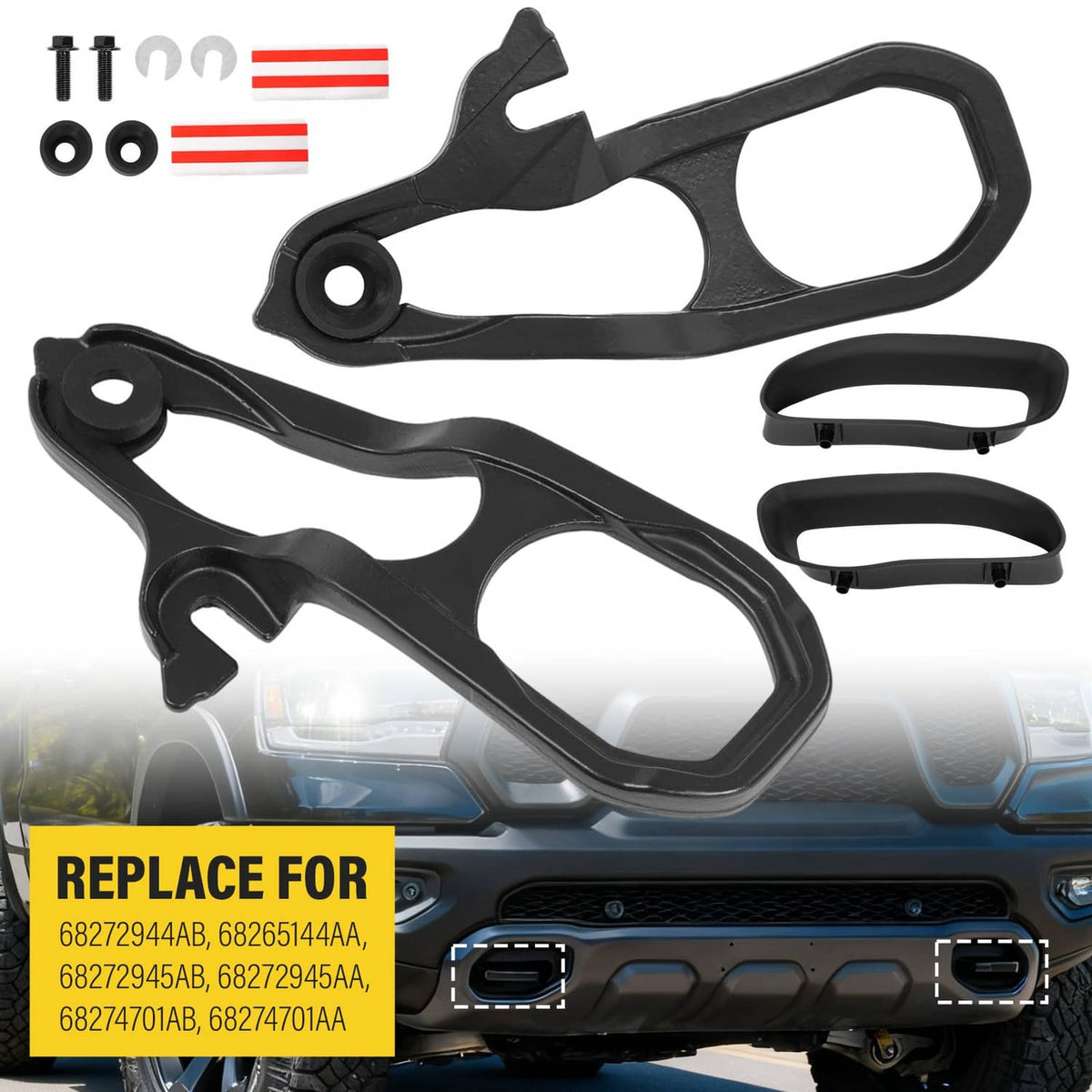 Solid Spare New Front Car Tow Hooks Left Right w/ Hardware Black For Ram 1500 DT 2019-2024