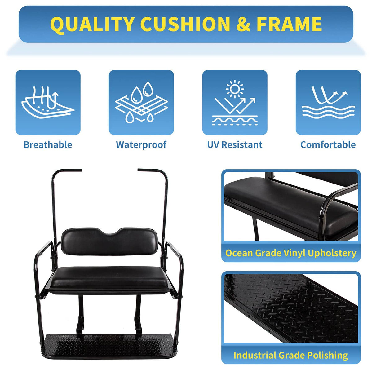 Solidspare Flip Folding Rear Seat Cushions Pad w/Roof Support For EZGO TXT 1995+ Golf Cart