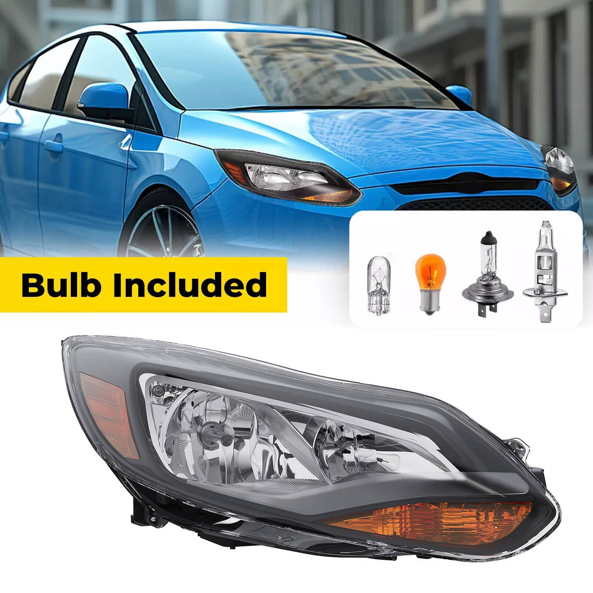Solid Spare Black Right Passenger Side Headlight Clear Lens Halogen For Ford Focus 2012-2014