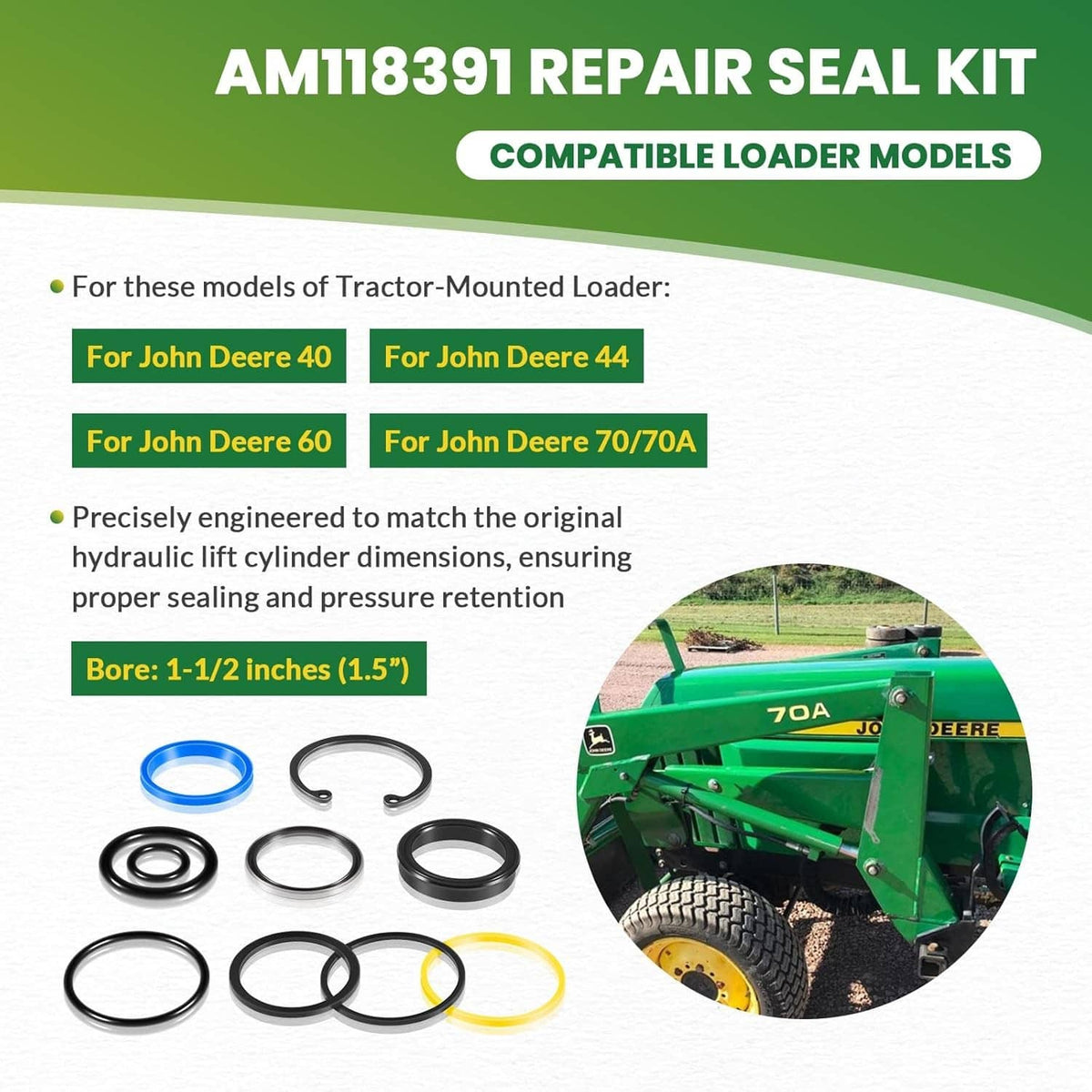 Solidspare AM118391 Cylinder Seal Kit fit for John Deere 40 44 60 70 70A Loader 1-1/2” Bore