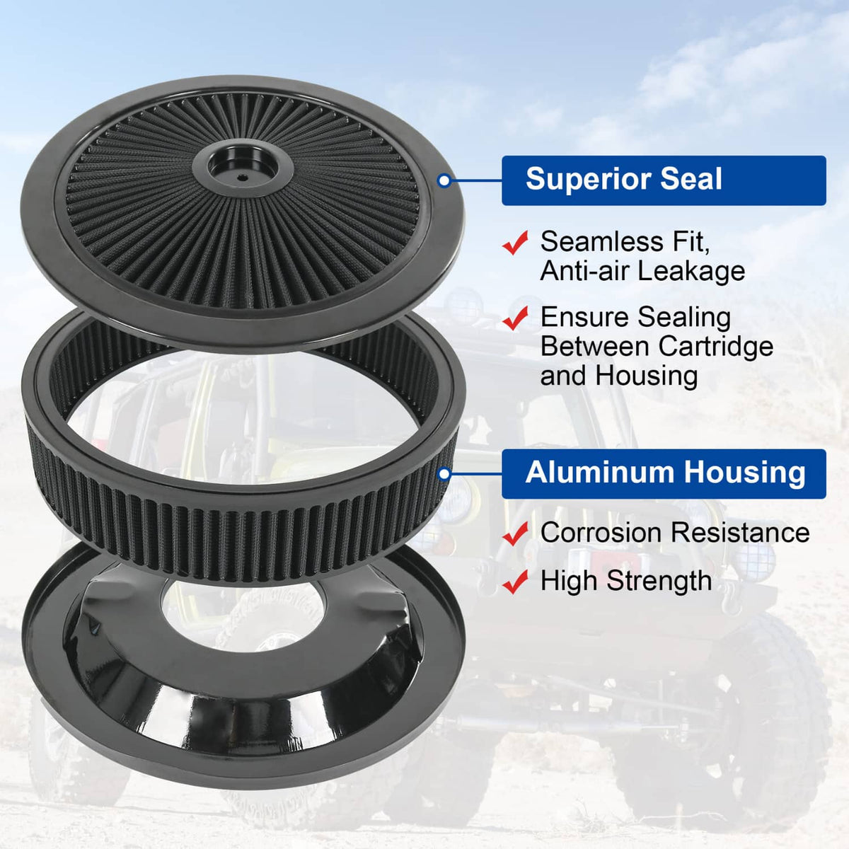 Solidspare 14" X 3" Black Round High Flow Thru Washable Air Cleaner Drop Base For SBC BBC