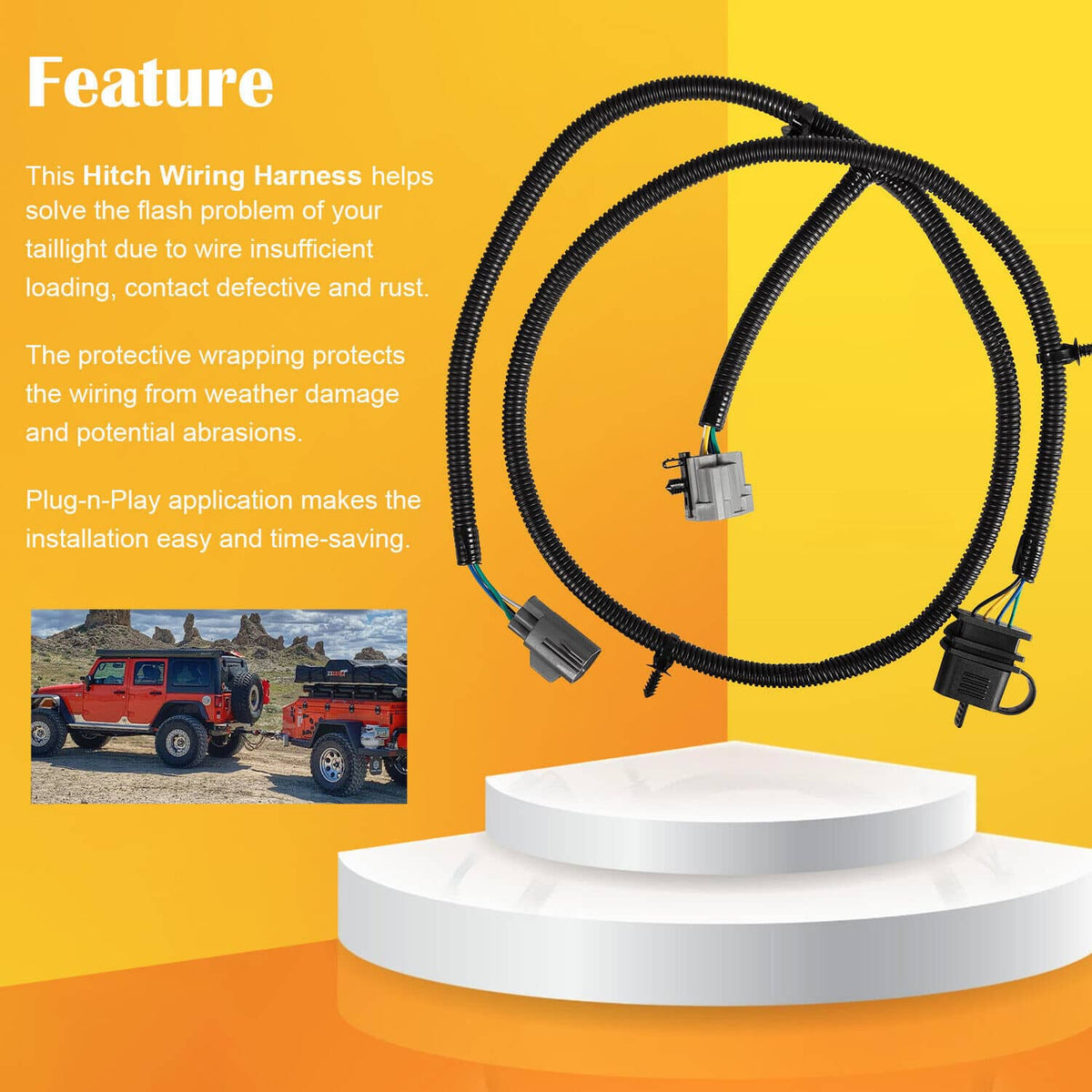 Solid Spare For 07-18 Jeep Wrangler JK 70.5" 4-Way Tow Hitch Trailer Wiring Harness 92015