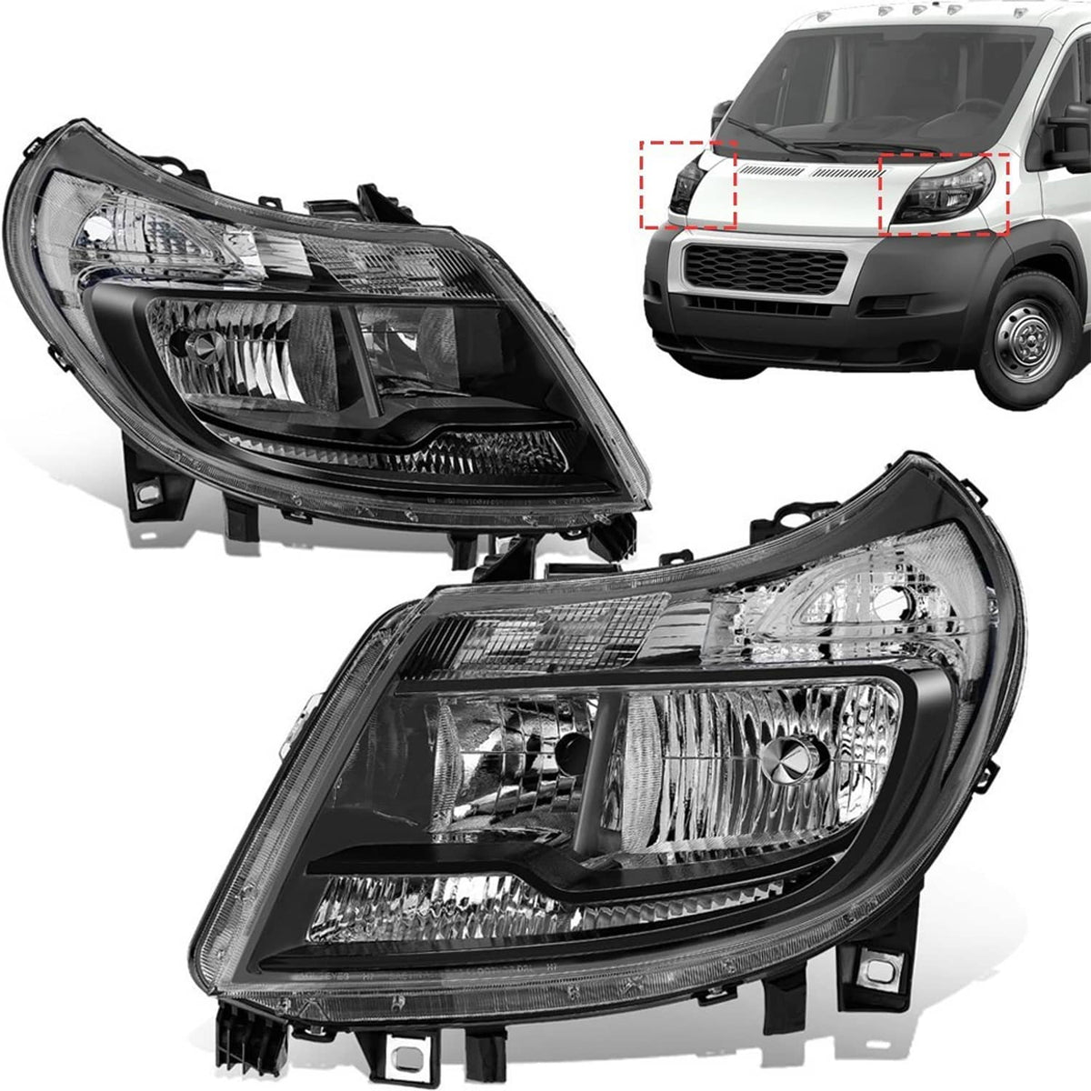 Solidspare Black Left & Right Headlights w/DRL For 14-22 Dodge Ram ProMaster 1500 2500 3500