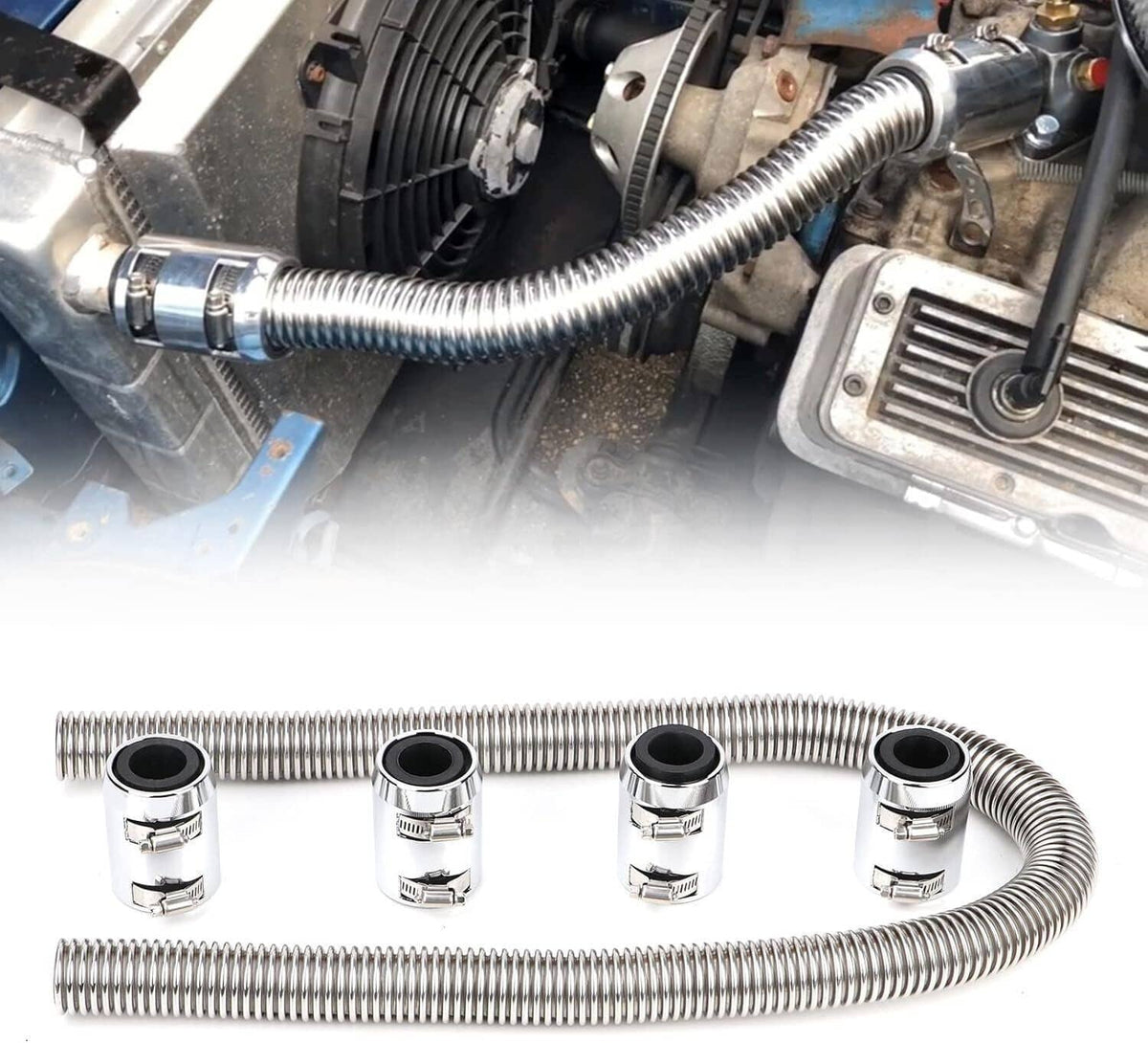 Solidspare Universal 48" Stainless Steel Radiator Flexible Coolant Water Hose W/ Caps Kit
