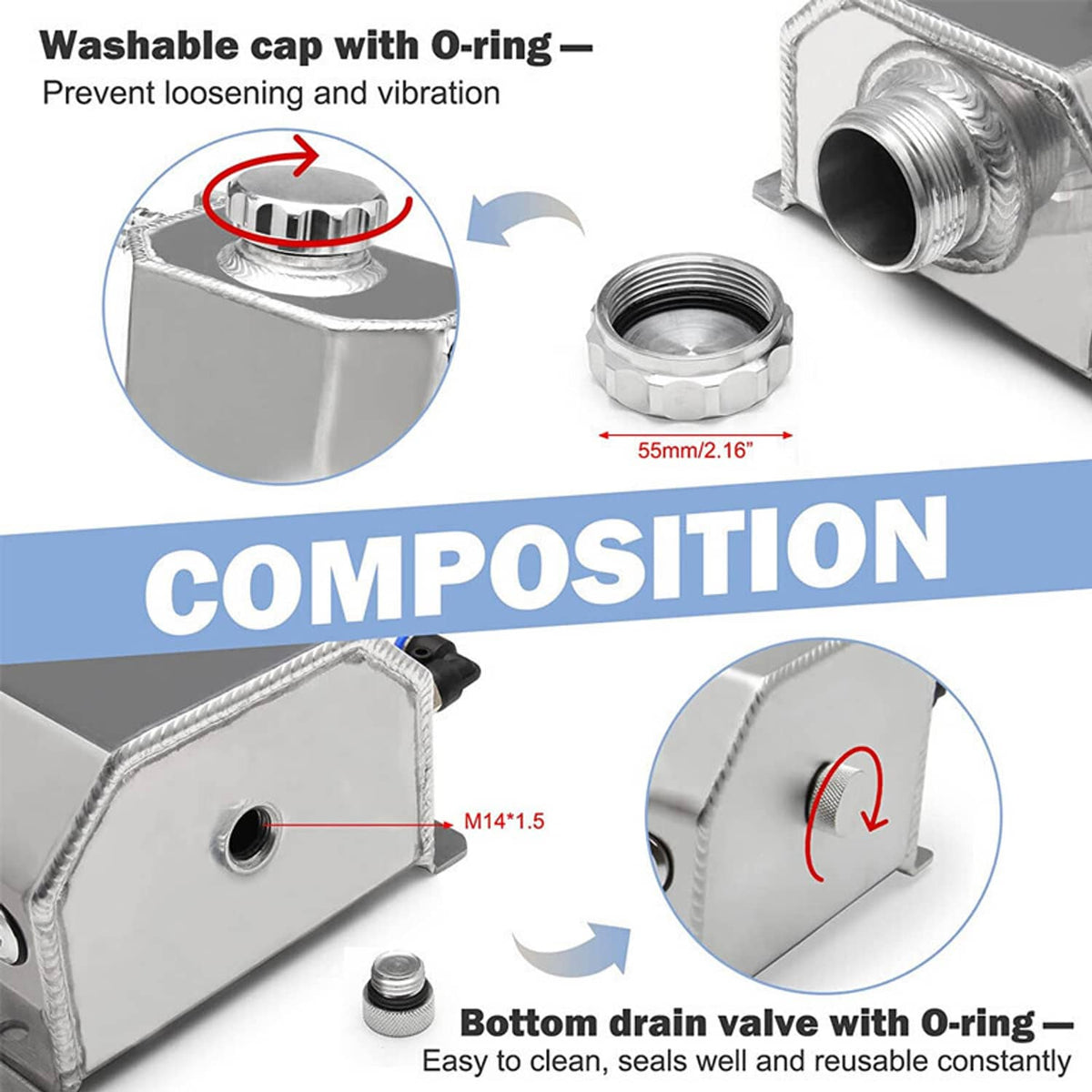 Solidspare 2L Polished Aluminum Coolant Radiator Overflow Reservoir Expansion Water Tank