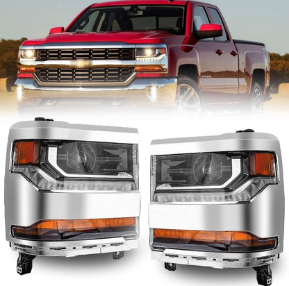 Solidspare Pair Chrome Headlights For 2016-2018 Chevy Silverado 1500 HID/Xenon Headlamps