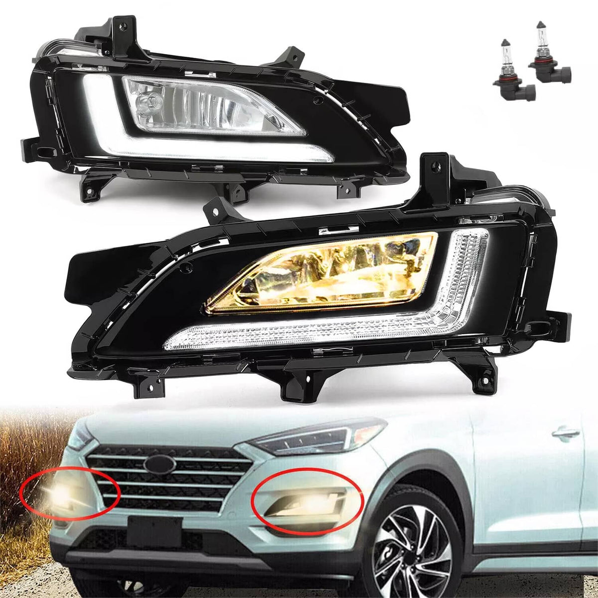 Solid Spare Pair LED&DRL Fog Lights Bumper Lamps LH&RH w/Bulbs For Hyundai Tucson 2019-2021